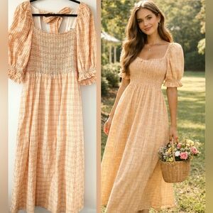 RAHI Anthropologie Orange Prairie GINGHAM Puff SLEEVES Boho DRESS Women's Size L